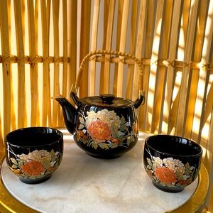 70s Aesthetic retro Japanese black and gold floral tea set with wicker handle